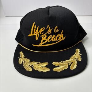 Vintage "Life's a Beach" Scrambled Eggs Hat Cap Black Gold Snap Back Adjustable*